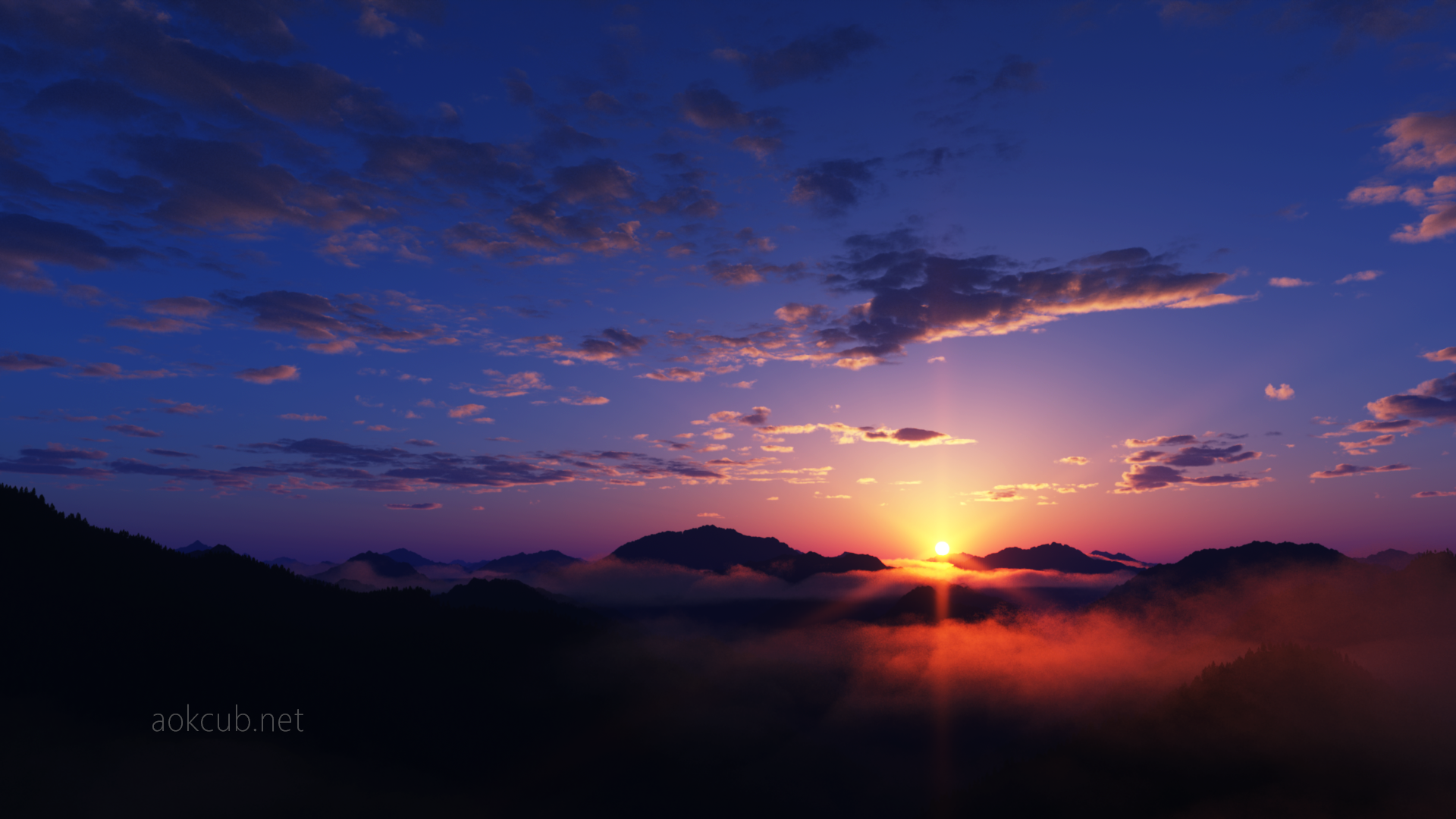A stunning HD desktop wallpaper featuring an anime-inspired original landscape, showcasing a beautiful sunrise over misty mountains with a vibrant sky and scattered clouds.