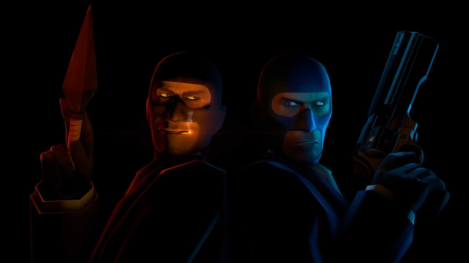4K Ultra HD desktop wallpaper featuring two stealthy characters from the video game Team Fortress 2, each holding a weapon against a dark background.