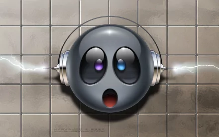 A humorous, smiley face wearing headphones radiates joy, set against a stylish tiled background. This HD desktop wallpaper adds a fun touch to any screen.