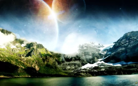Sci-fi landscape HD desktop wallpaper depicting a surreal scene with distant planets, rocky mountains, and a calm lake under a vibrant, cosmic sky.