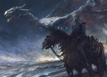 Night King from Game of Thrones riding a horse with a White Walker dragon hovering in the background. This HD desktop wallpaper captures the dark and eerie atmosphere of the TV show.