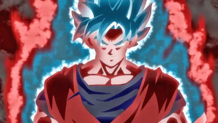 HD desktop wallpaper featuring Goku in Super Saiyan Blue with Kaioken aura from Dragon Ball Super, with vibrant blue and red energy background.