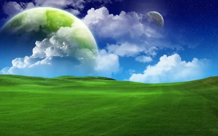 A Sci-Fi themed HD desktop wallpaper featuring a green field under a vibrant sky with fluffy clouds, a large green planet, and a smaller celestial body in the background.