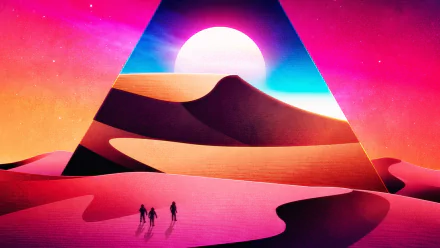 Artistic retro HD PC desktop wallpaper of a stylized pyramid framing a glowing sun over sweeping sand dunes, three tiny travelers crossing the desert in vivid pink and teal hues.