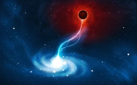 HD desktop wallpaper featuring a Sci-Fi galaxy scene with a bright white vortex connected to a dark planet, surrounded by vivid cosmic colors and stars.