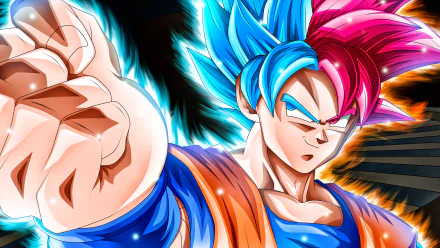 HD desktop wallpaper featuring Goku from Dragon Ball Super in a dynamic pose with blue and pink hair, showcasing his fierce determination.