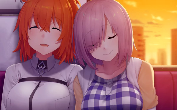 HD anime desktop wallpaper featuring Shielder and Fujimaru Ritsuka from Fate/Grand Order, sharing a peaceful moment against a warm sunset backdrop.