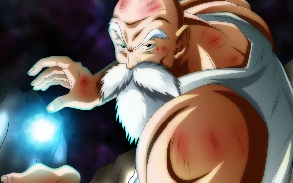 HD desktop wallpaper featuring Master Roshi from Dragon Ball Super in an intense pose, showcasing his power with a glowing energy sphere in his hand against a dark background.