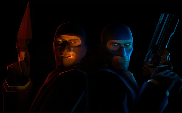 4K Ultra HD desktop wallpaper featuring two stealthy characters from the video game Team Fortress 2, each holding a weapon against a dark background.