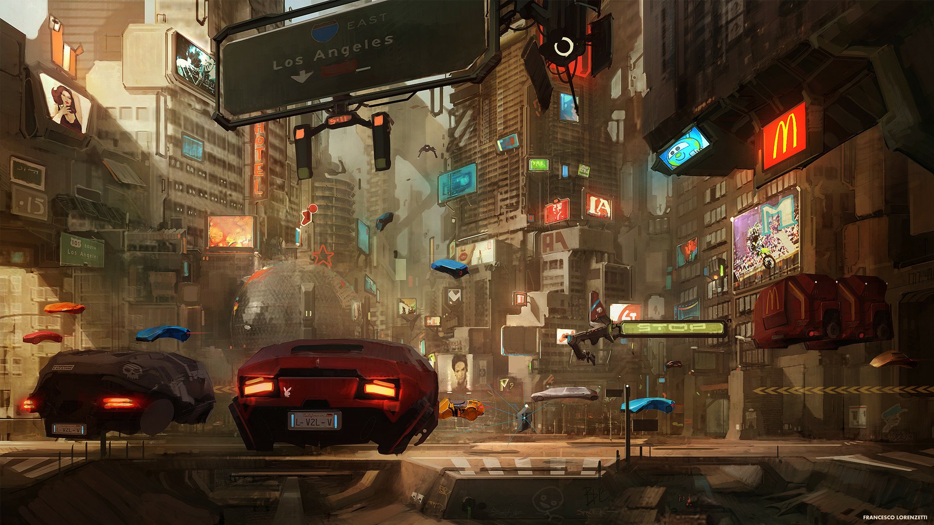 HD desktop wallpaper of a sci-fi cityscape featuring futuristic vehicles navigating a bustling urban environment filled with tall buildings and vibrant neon signs.