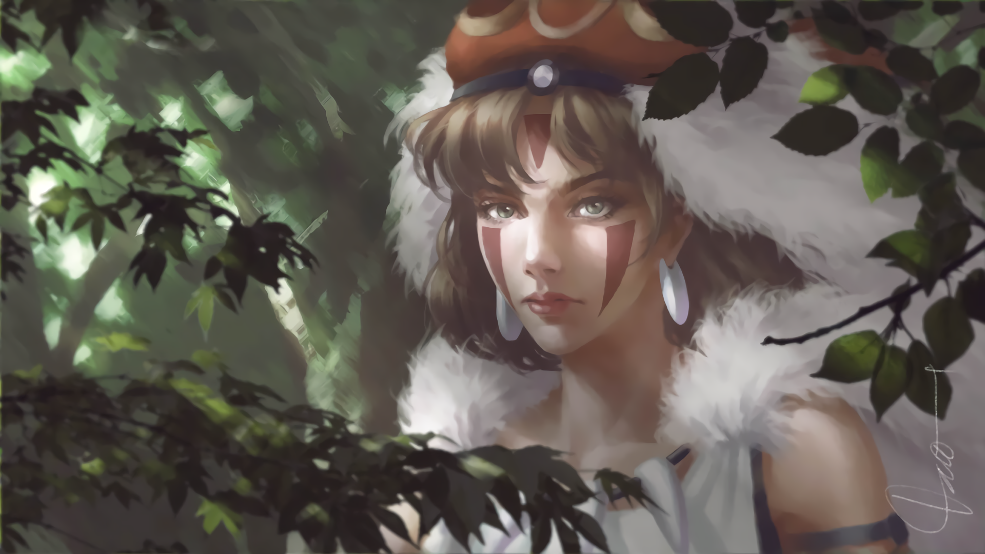 HD PC desktop wallpaper: San from Princess Mononoke in a fur cloak and red face paint, peering through forest foliage with a fierce, determined gaze.