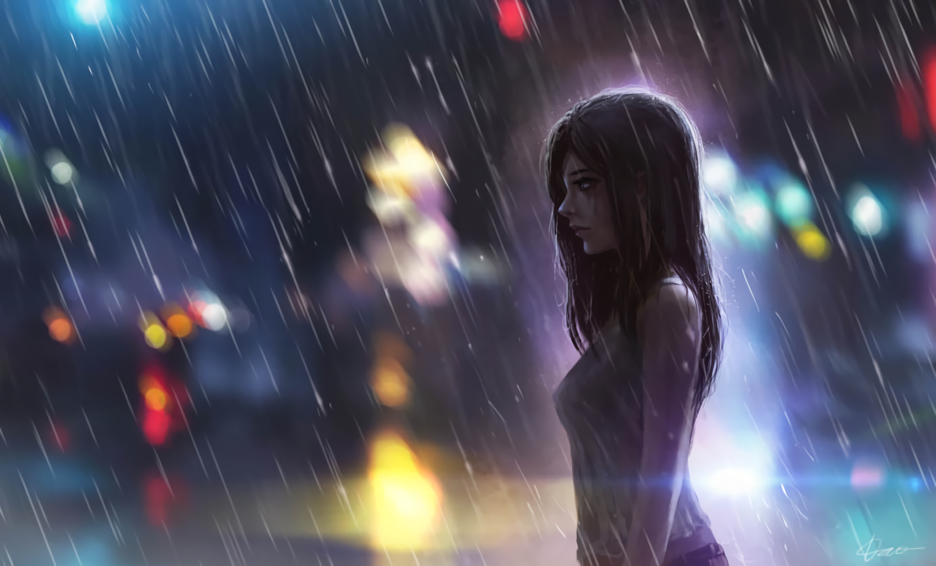 Anime HD desktop wallpaper featuring a melancholic scene of a young woman standing in the rain, with blurred city lights in the background.
