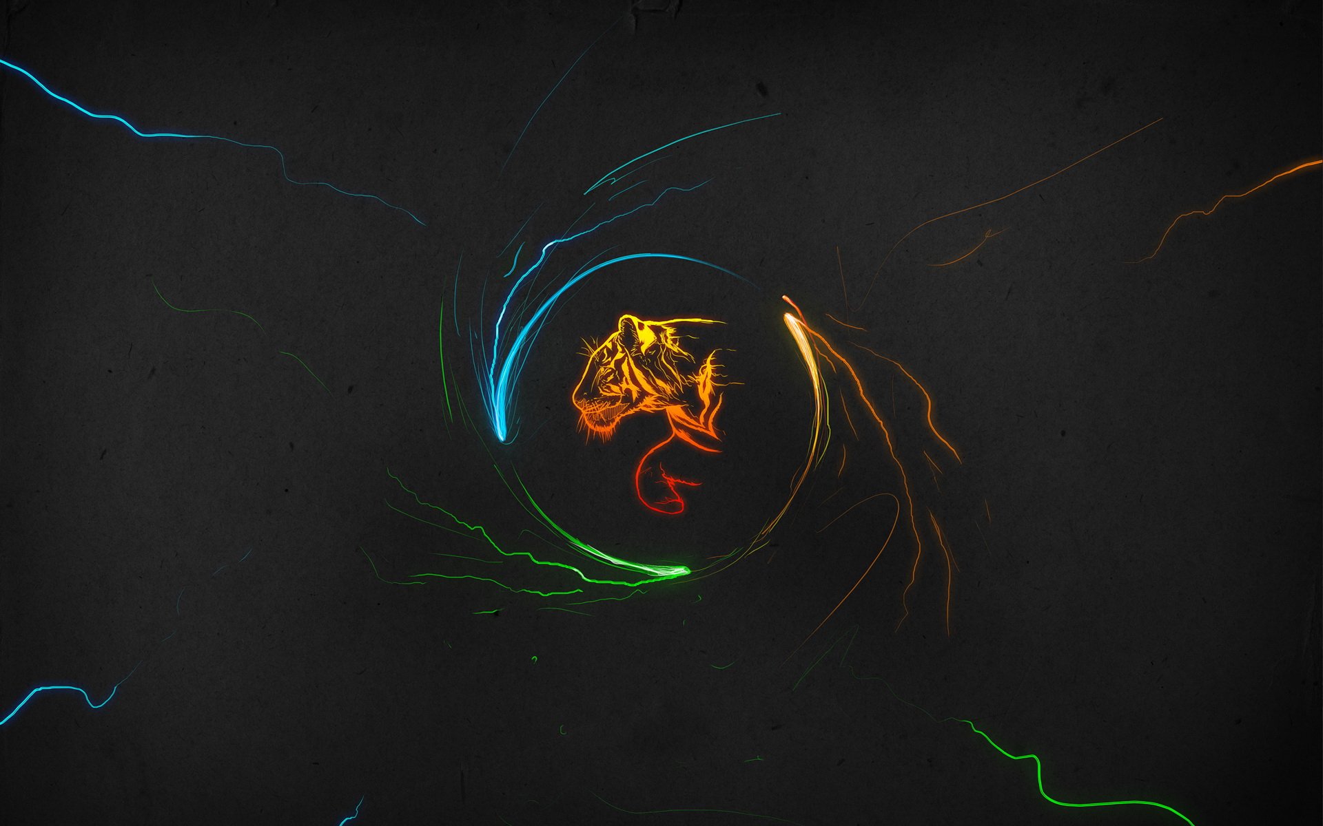 Glowing neon tiger outline centered on a dark background, creating a vibrant HD PC desktop wallpaper featuring dynamic, colorful light trails.