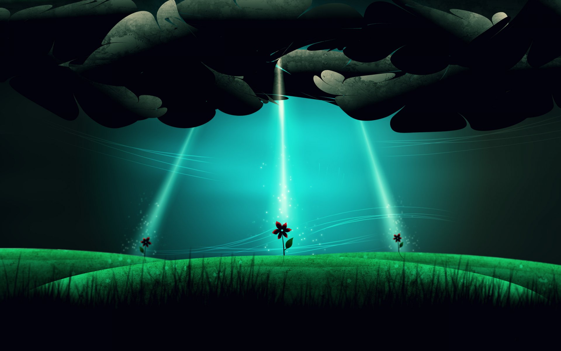An artistic depiction of nature featuring a vibrant landscape with a flower under dramatic beams of light emerging from dark clouds, creating a striking contrast. HD desktop wallpaper.