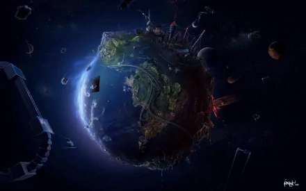 HD desktop wallpaper featuring an artistic depiction of a planet blending elements of space and nature, with a background dotted by various cosmic objects.