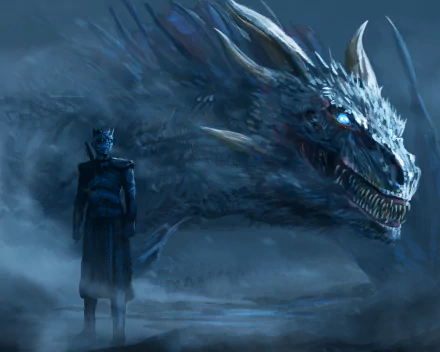 A HD desktop wallpaper featuring the Night King and a dragon, both iconic elements from the TV show Game of Thrones, surrounded by an eerie and icy landscape.