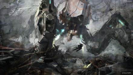 Futuristic mecha robot towers in a sci-fi battle scene, depicted in high-definition PC desktop wallpaper and background style.