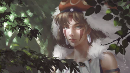 HD PC desktop wallpaper: San from Princess Mononoke in a fur cloak and red face paint, peering through forest foliage with a fierce, determined gaze.