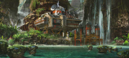 A sci-fi building nestled beside a lush waterfall, blending exploration and advanced technology in a vivid 4K Ultra HD desktop wallpaper scene.