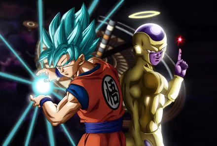 HD desktop wallpaper featuring Goku and Frieza from Dragon Ball Super. Goku stands in his Super Saiyan Blue form while Frieza, adorned in a halo, holds a red energy sphere.