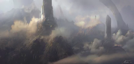 A fantasy castle shrouded in fog and clouds atop a mountain, captured in stunning HD for a dramatic PC desktop wallpaper and background.