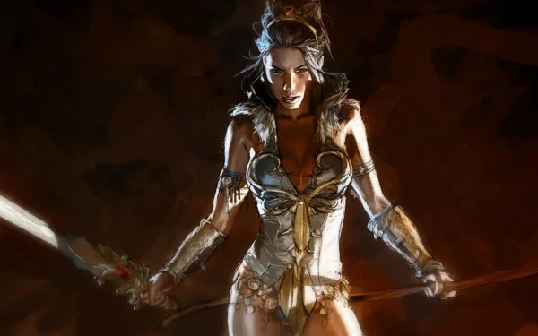 HD desktop wallpaper featuring a character from Masters of the Universe comic, depicting a fierce warrior woman wielding a glowing sword against a dark, moody background.