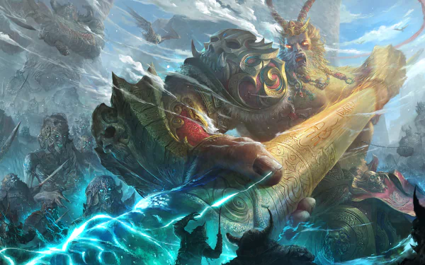 HD desktop wallpaper featuring an undead giant monkey warrior in a fantasy battle scene reminiscent of Sun Wukong. The warrior wields a glowing staff amidst dynamic, supernatural elements.