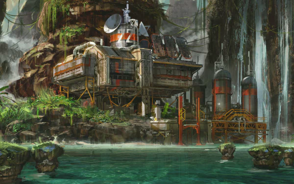 A sci-fi building nestled beside a lush waterfall, blending exploration and advanced technology in a vivid 4K Ultra HD desktop wallpaper scene.