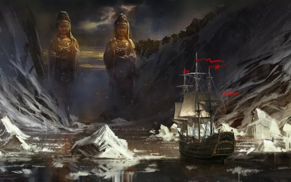 A fantasy HD desktop wallpaper featuring a ship navigating through icy waters with towering statues and icebergs in the background.