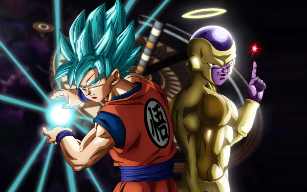 HD desktop wallpaper featuring Goku and Frieza from Dragon Ball Super. Goku stands in his Super Saiyan Blue form while Frieza, adorned in a halo, holds a red energy sphere.