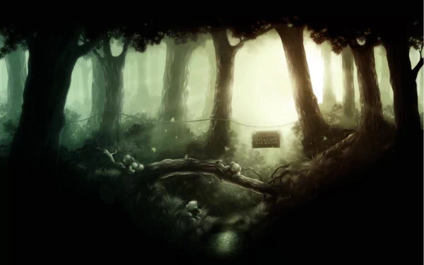 Fantasy forest scene with a teddy bear resting on a fallen log, bathed in soft, ethereal light; a serene HD PC desktop wallpaper background.