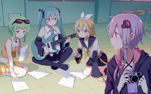 An HD desktop wallpaper featuring Vocaloid characters Yuzuki Yukari, GUMI, Rin Kagamine, and Hatsune Miku. The anime-style image shows them sitting together with musical sheets and a guitar.