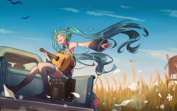Hatsune Miku, the popular Vocaloid character, joyfully plays a small guitar while sitting on a truck, surrounded by tall grass and a blue sky in this vibrant 4K anime wallpaper.