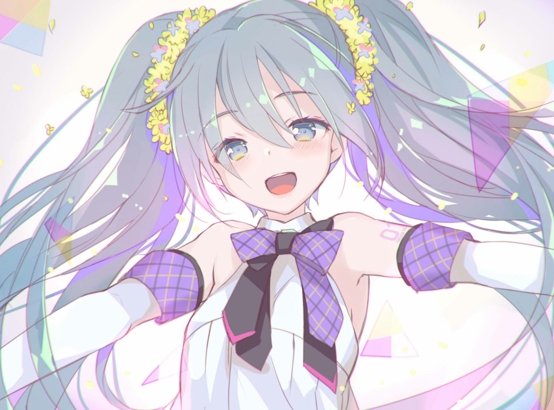 HD PC desktop wallpaper of Hatsune Miku (Vocaloid) anime: smiling twin‑tailed idol in purple checked bow and armbands, confetti and pastel geometric background.