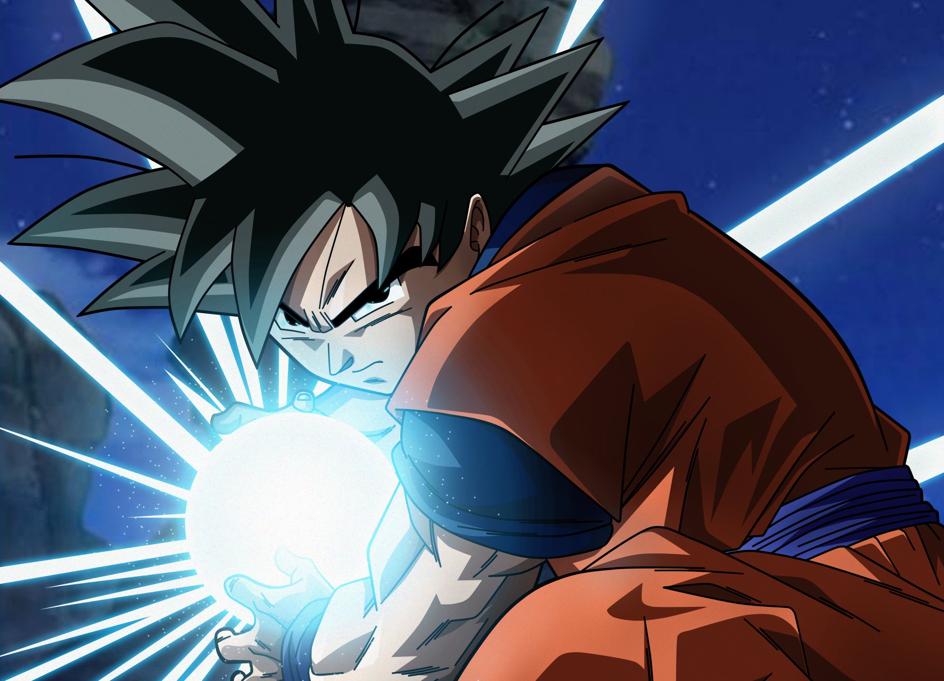 HD desktop wallpaper featuring Goku from Dragon Ball Super in an intense battle scene, preparing a powerful energy attack. Background and vibrant details highlight the dynamic anime style.