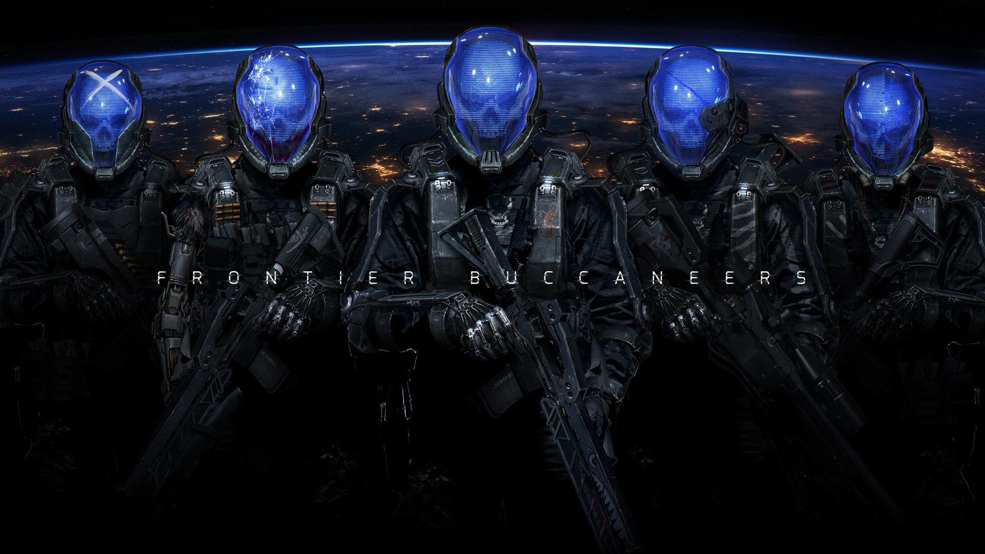 HD wallpaper featuring five futuristic soldiers with blue-lit helmets, standing in front of a cosmic backdrop. Text reads Frontier Buccaneers.