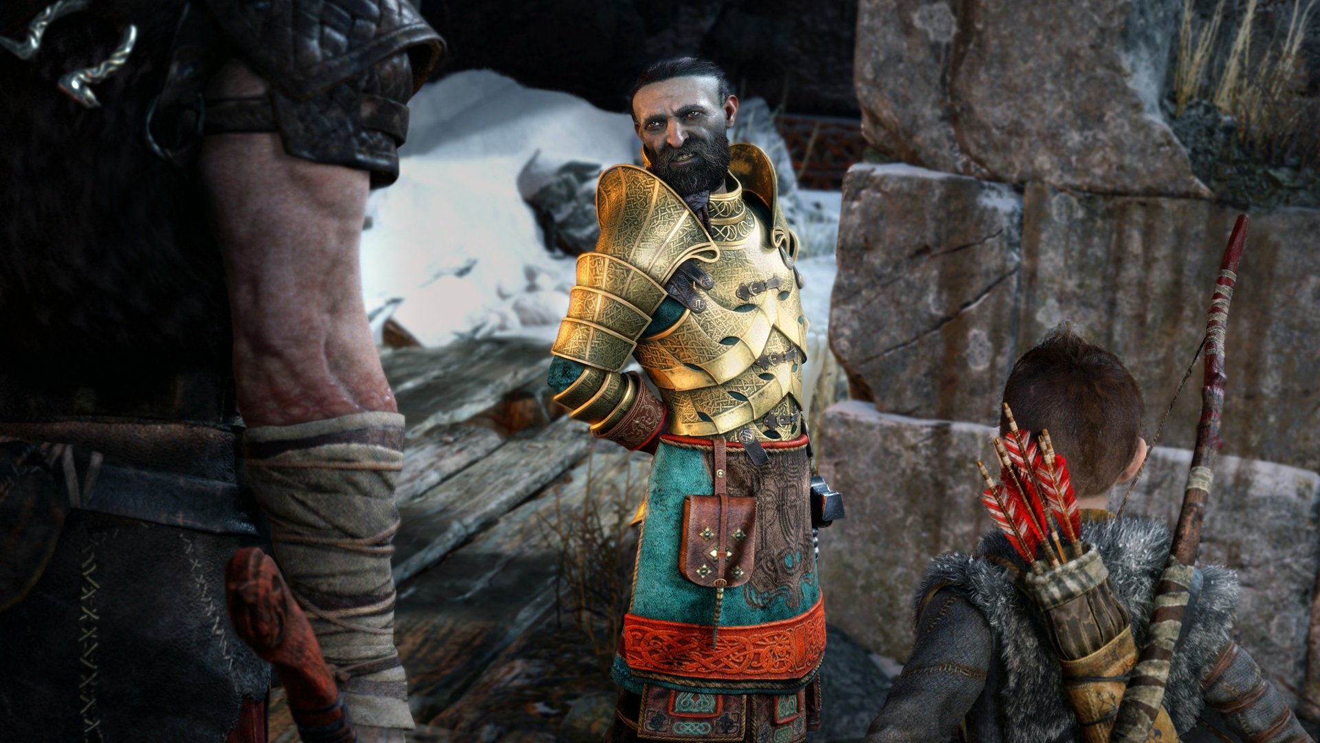 HD desktop wallpaper from the video game God of War (2018), showcasing a character in golden armor with a beard in a detailed, snowy environment.