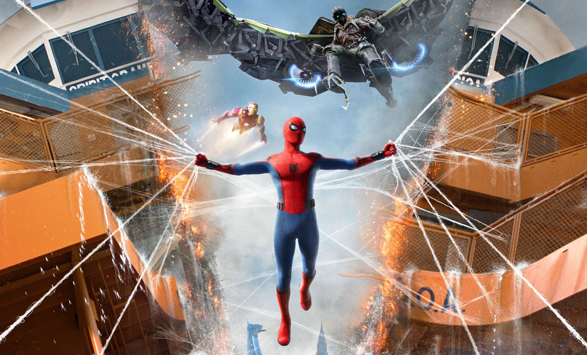 HD desktop wallpaper featuring Spider-Man web-slinging in a battle scene from Spider-Man: Homecoming, with Iron Man and Vulture.