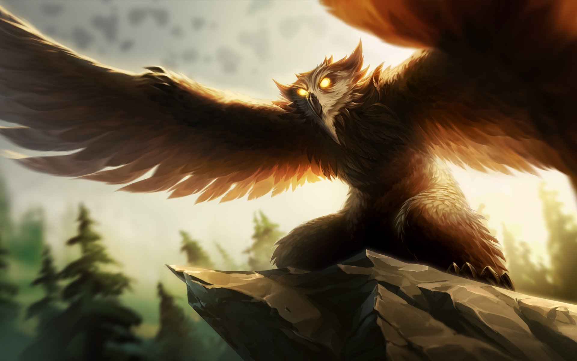 2K Quad HD PC desktop wallpaper of a Dauntless video game winged creature with glowing eyes, perched on a rocky outcrop above a pine forest, backlit by dramatic sunlight.