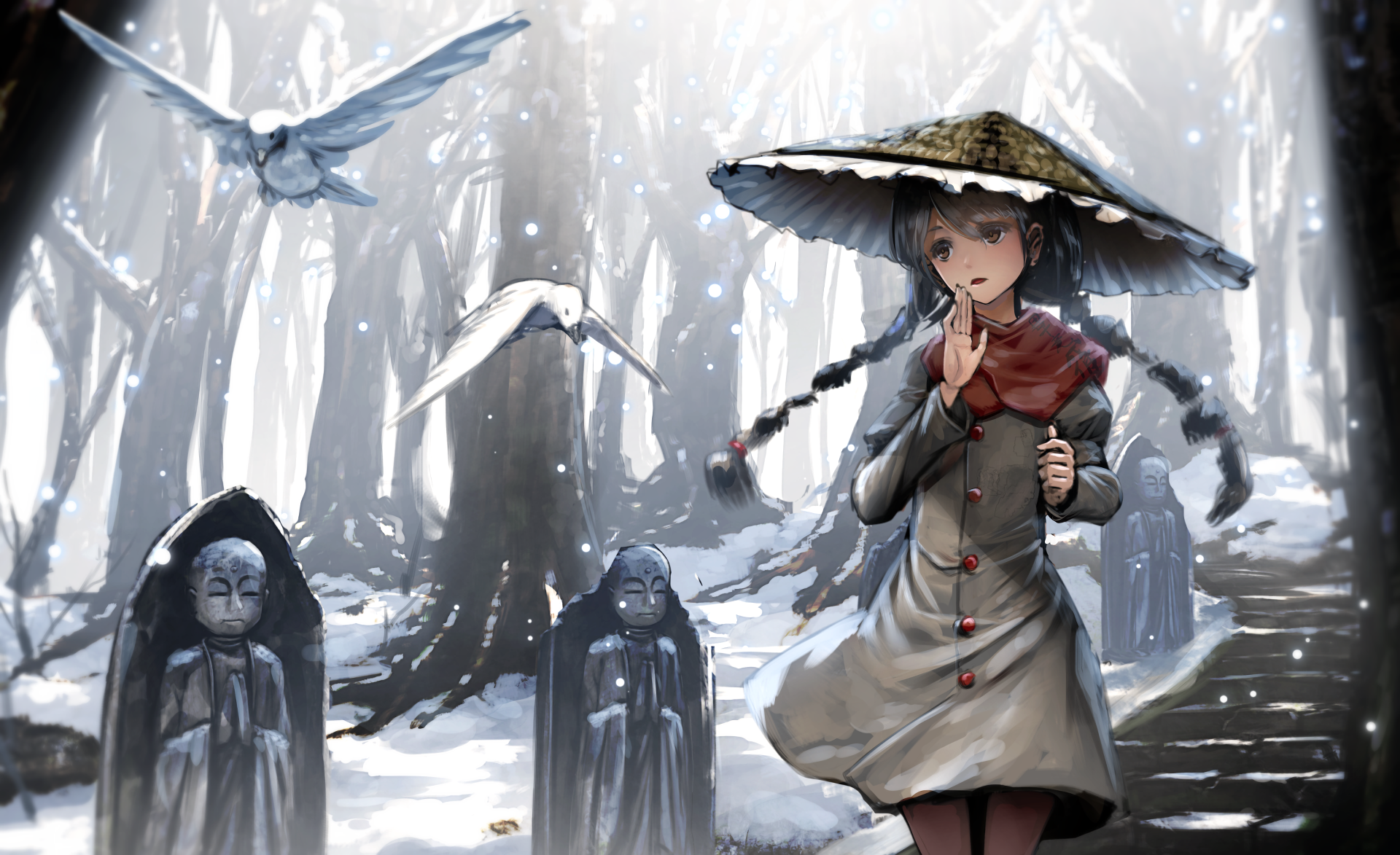 Anime-style HD desktop wallpaper featuring Narumi Yatadera in a forest with birds, wearing a wide-brimmed hat, surrounded by stone statues from the Touhou series.
