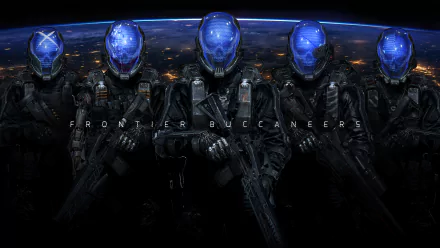 HD wallpaper featuring five futuristic soldiers with blue-lit helmets, standing in front of a cosmic backdrop. Text reads Frontier Buccaneers.