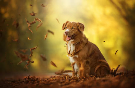 A Nova Scotia Duck Tolling Retriever sits amidst falling autumn leaves, captured in a high-definition depth-of-field image. This fall-themed wallpaper showcases the dog's expressive demeanor and rich fur colors.