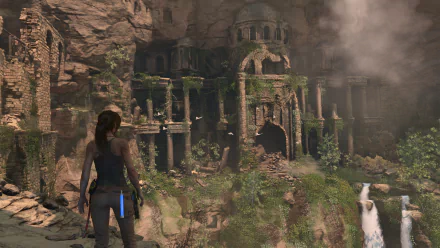 Screenshot from the video game Rise of the Tomb Raider showing a detailed ancient ruined structure, presented as a 4K Ultra HD PC desktop wallpaper.