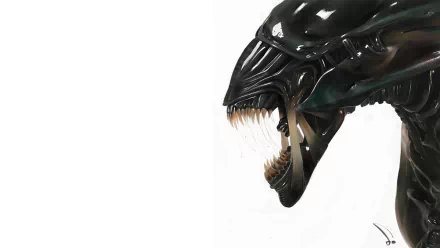 Profile of a menacing Xenomorph Queen, biomechanical exoskeleton gleaming and jaws open to reveal razor teeth — a sci‑fi alien rendered as an HD PC desktop wallpaper.