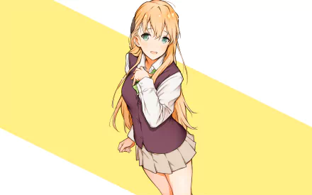 HD PC desktop wallpaper featuring Karen Tendou from an anime, depicted as a gamer with long orange hair and a school uniform against a yellow and white background.