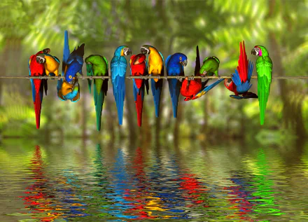 A vibrant HD desktop wallpaper featuring scarlet, hyacinth, and blue-and-yellow macaws perched on a branch with their colorful reflections on water below.