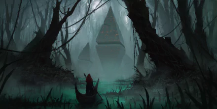 A dark fantasy HD wallpaper depicting a lone boat drifting on a foggy river through an eerie forest, heading towards a mysterious towering structure.