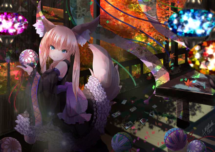 An anime-style HD desktop wallpaper featuring a blonde, blue-eyed girl with twintails, dressed in a detailed attire with a tail and nekomimi. The colorful background includes vibrant lanterns and scenic elements.