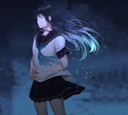 Anime-style HD desktop wallpaper of a girl with long hair in a school uniform at night, surrounded by glowing fireflies and clouds, creating a serene, mystical atmosphere.