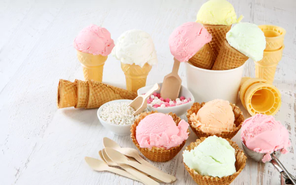 A vibrant 4K Ultra HD still life of colorful ice cream scoops in waffle cones and bowls, complemented by toppings and wooden spoons on a light background.